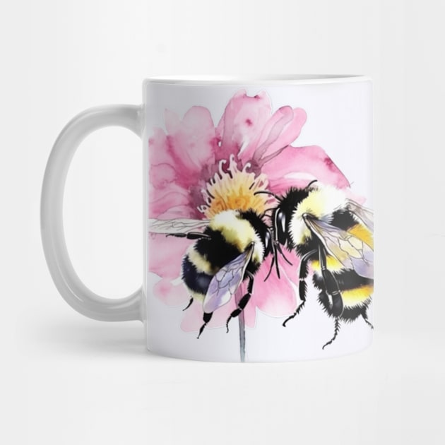 Bees in Watercolor Sitting on A Pink Flower by mw1designsart